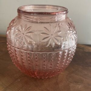 Pink Textured Rose Bowl Glass Vintage Floral Vase Frog Floral